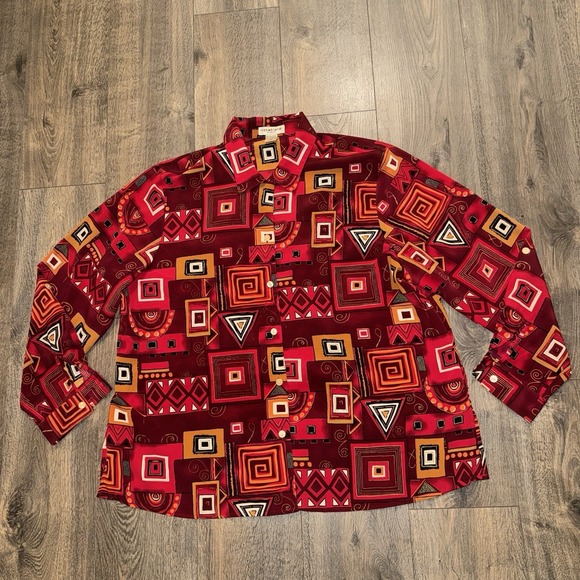 Vintage Tops - Vintage Notations Button Up Blouse Women 2X Red Geometric Long Sleeve 80s Retro